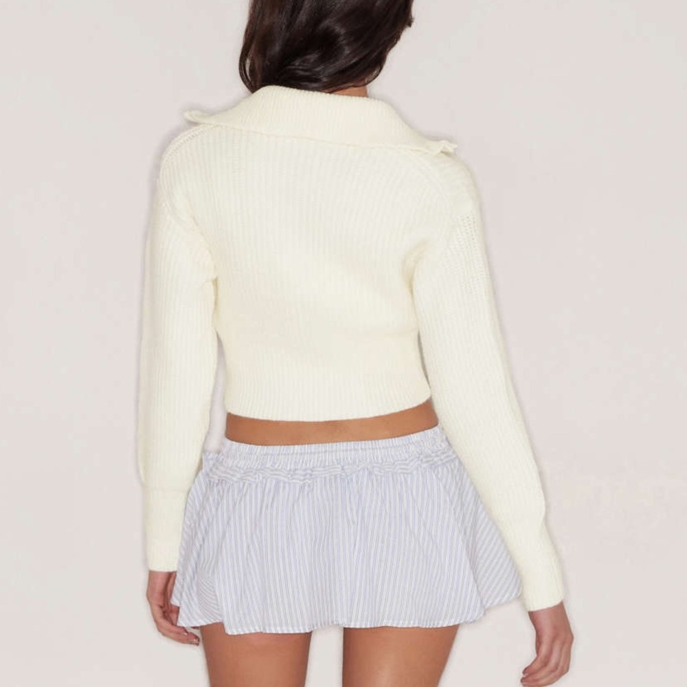 Cider Woman’s Small White Ribbed Cropped Knit Zip Up Collard Sweater - Picture 4 of 14